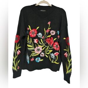 Floral Embroidered Black Sweater